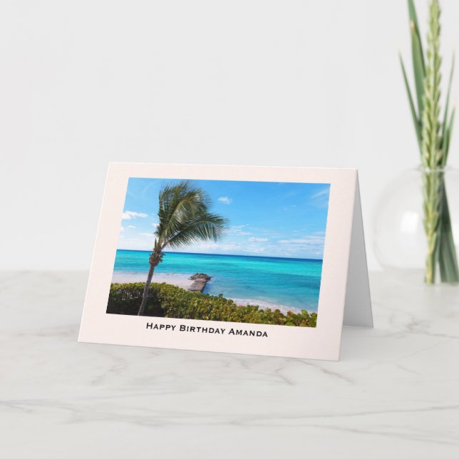 Vacker Tropisk Strand Blåsande Palmtree Födelsedag Kort (Framsida)
