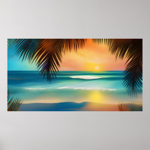 Vacker tropisk strand sand ocean palmträd poster