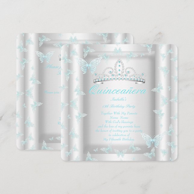 Vacker turkos blå Quinceanera-festtiara fjäril Inbjudningar (Fram/baksida)