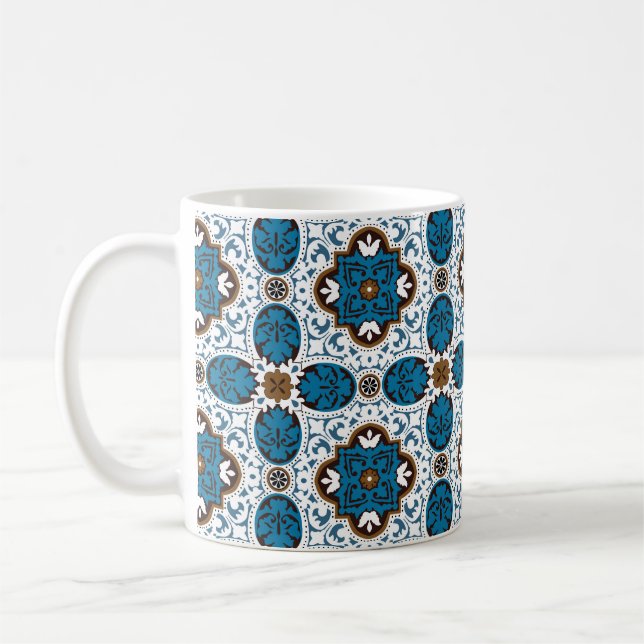 💙🤎 Vacker turkos och brun Azulejos, V  Kaffemugg (Vänster)