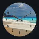 Vacker turkos Tropical Fotography Sea Stor Klocka<br><div class="desc">En klocka med ett vackert foto med ett turkosblått hav och en sandstrand med vågar av skummande surfa.</div>