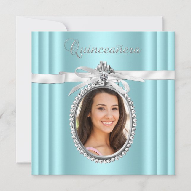 Vacker turkosblå fotokvinnlig Quinceanera Inbjudningar (Framsida)