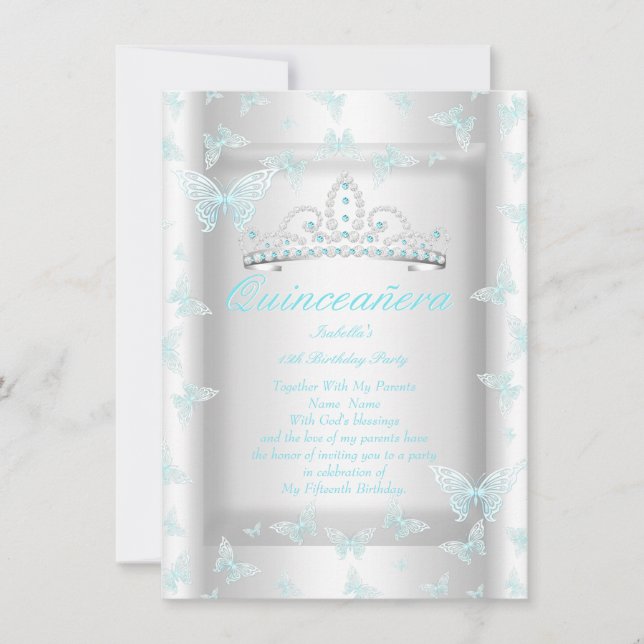 Vacker turkosblå Quinceanera-festtiara fjäril Inbjudningar (Framsida)