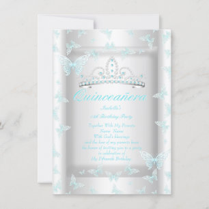 Vacker turkosblå Quinceanera-festtiara fjäril Inbjudningar