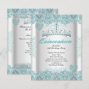 Vacker turkosblå Quinceanera-festtiara med hjärtan Inbjudningar
