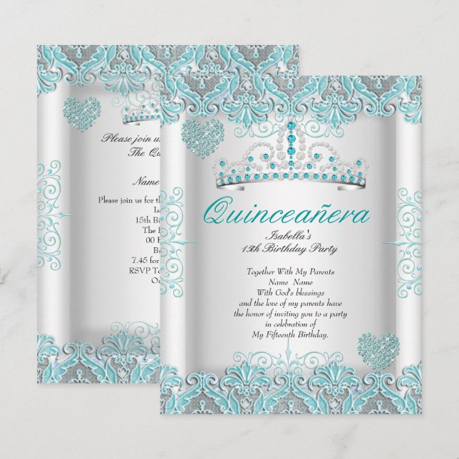 Vacker turkosblå Quinceanera-festtiara med hjärtan Inbjudningar (Fram/baksida)