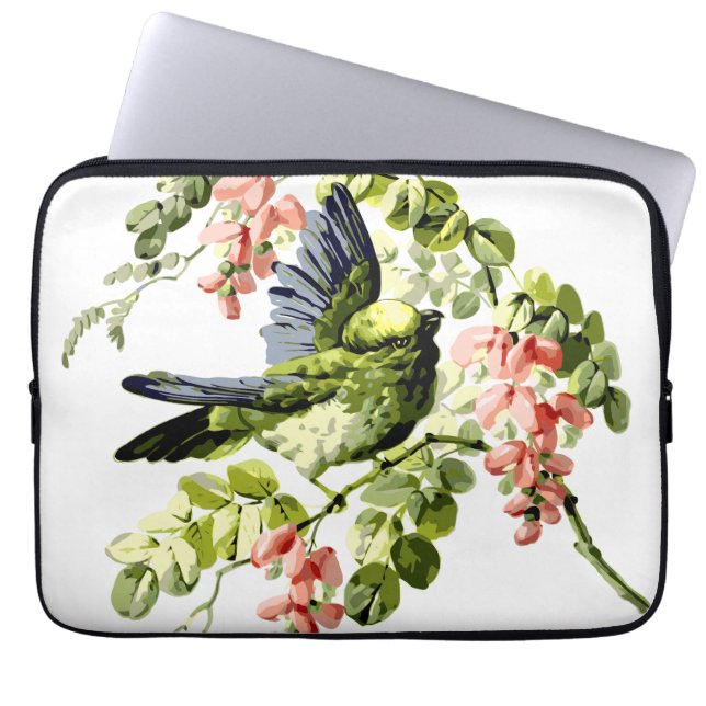 Vacker ung papegoja i blommande träd laptop fodral (Framsidan)