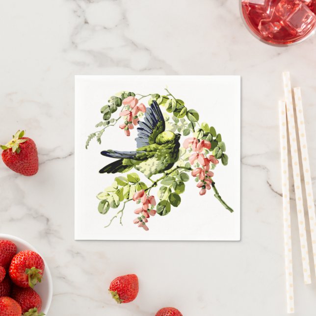 Vacker ung papegoja i blommande träd pappersservett (Insitu)