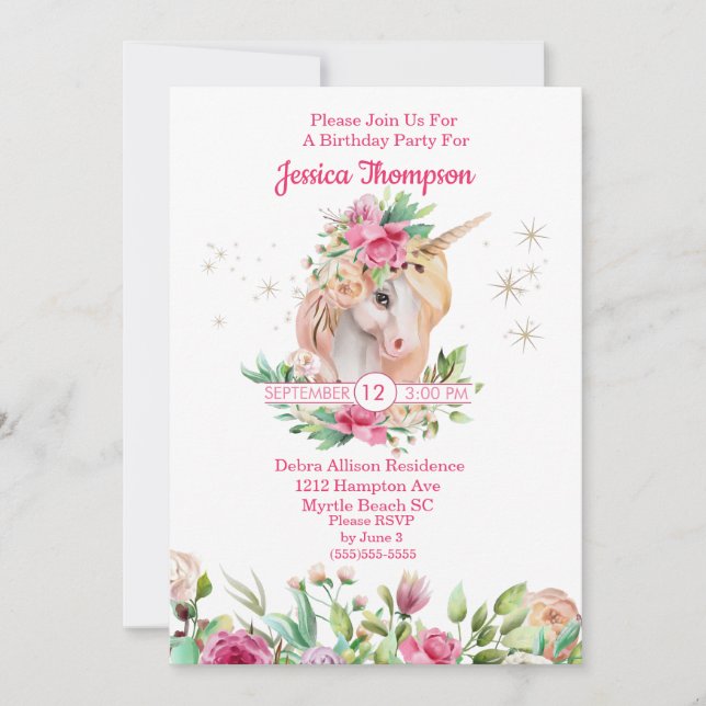 Vacker Unicorn Stars Birthday-inbjudan Inbjudningar (Framsida)