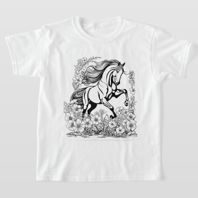 Vacker Uppfödande Häst & Blommor Målar en  T Shirt (Laydown)