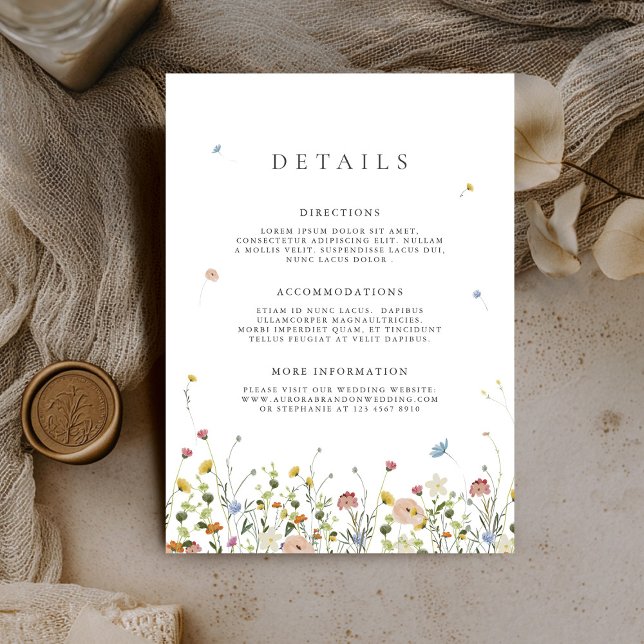 Vacker Vår Vildblommeäng Bröllopsdetaljer Tilläggskort (Colorful Spring Wildflower Meadow Wedding Details Enclosure Card)