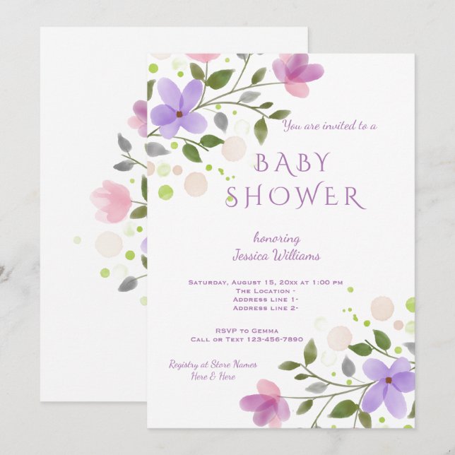 Vacker vårblomma akvarell baby shower inbjudningar (Fram/baksida)