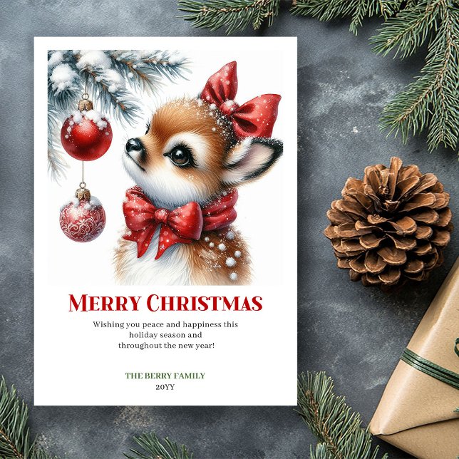 Vacker vattenfärg på rådjur julbar snöig tryckbar julkort (Lovely Fawn Watercolor Snowy Christmas Printable Christ)