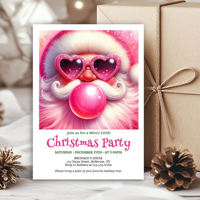 Vacker Vattenfärg Rosa Tomte Bubble Gum Jul  Inbjudningar (Lovely Watercolor Pink Santa Bubble Gum Christmas Invite

)