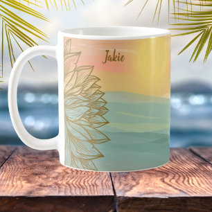 Vacker vattenfärg Solnedgång över Flödad Vatten Kaffemugg