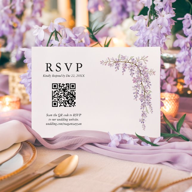 Vacker Vattenfärg Wisteria QR-kod Bröllops-RSVP OSA Kort (Skapare uppladdad)