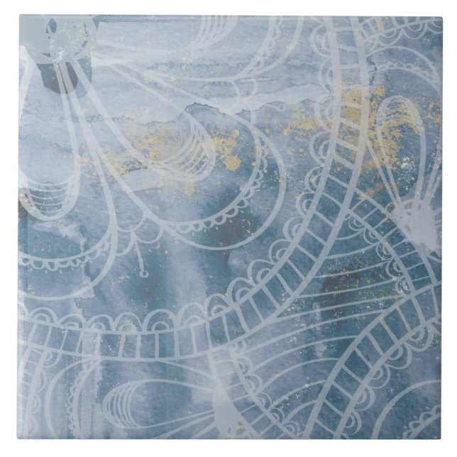 Vacker vattenfärgblått grått och konstnärligt bläc kakelplatta (Framsidan)