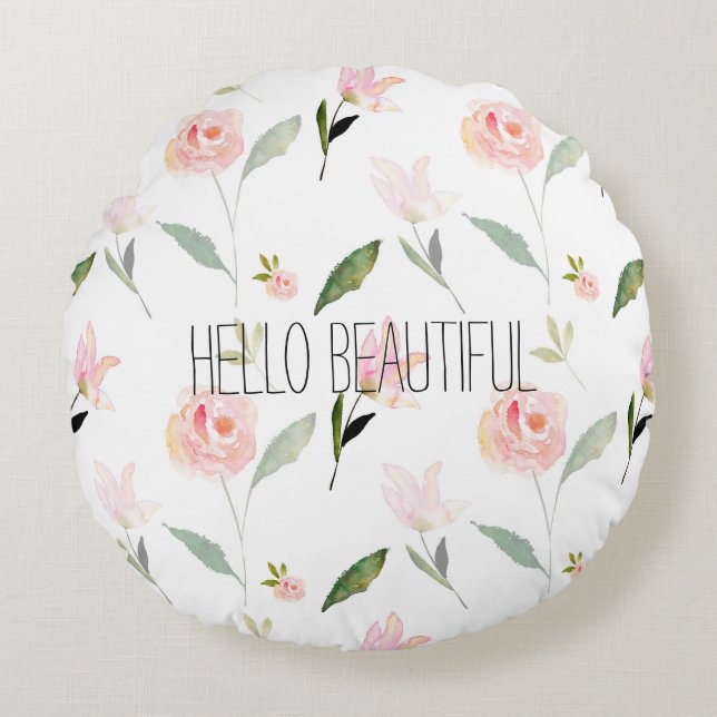 Vacker vattenfärgsBlommigt  Rosa Rund Kudde (Framsidan)