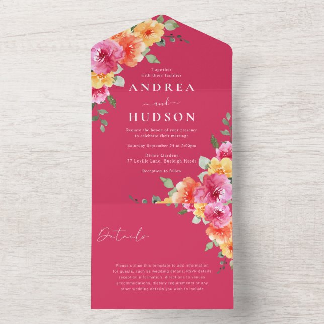Vacker Vibrerande Rosa Blommig Bröllop (Insida)