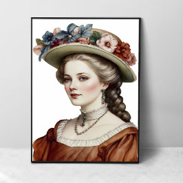 Vacker Victorian Dam Brown Blommigt Hat Porträtt Poster