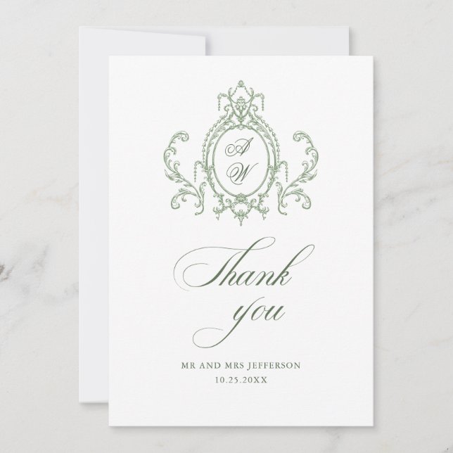 Vacker Viktoriansk Bröllopsdekor i Sagogrön Nyans Tack Kort (Framsida)