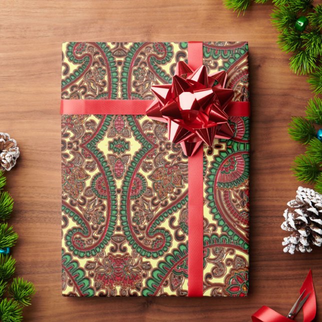Vacker viktoriansk paisley-mönster i rött, grönt o presentpapper (Skapare uppladdad)