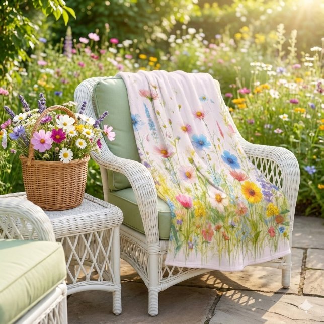 Vacker vildblomma blommor rosa filt filt täcke (Bask in garden calm floral throw, fresh blooms, and wicker charm invite a moment of peace.)