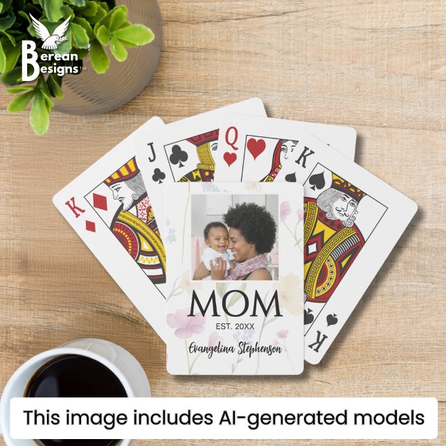 Vacker vildblomma Ny mamma etablerad Casinokort (Wildflower MOM ESTABLISHED photo playing   cards with custom name and year. Ideal Mother's Day gift.)