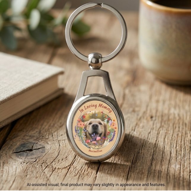 Vacker vildblomma-nyckelring för minnet av avlidna ovalt silverfärgad nyckelring (Wildflower pet loss memorial keychain for grieving dog moms.)