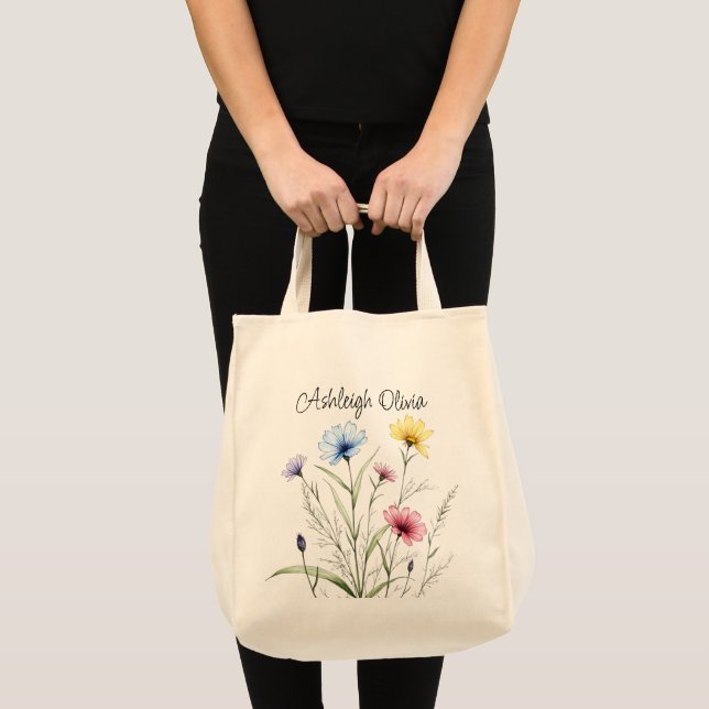 Vacker vildblomma pennritning stil matvaror tygkasse (Framsida (produkt))