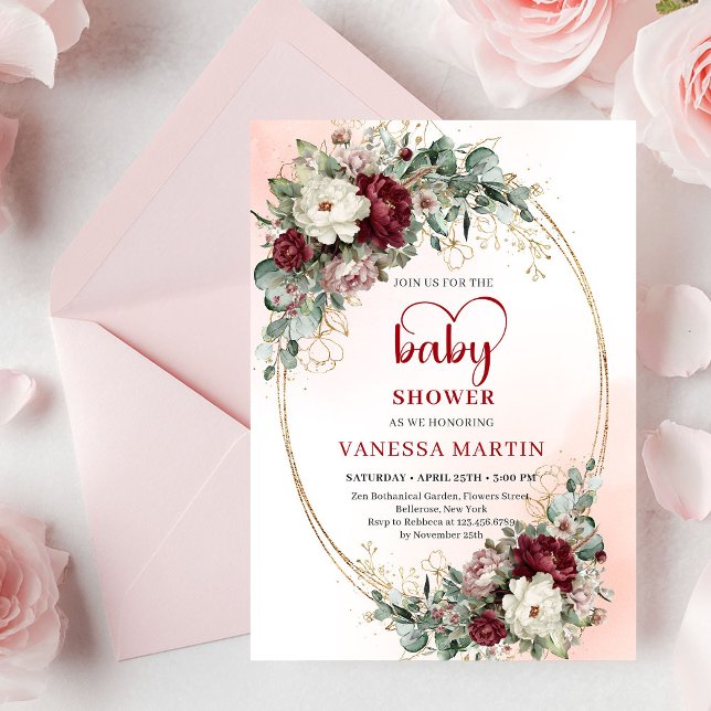 Vacker vinröd blomster- och guld-babyshower-inbjud inbjudningar (Pretty Maroon Floral Gold Baby Shower Invite)