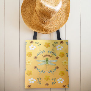 Vacker Vintage Dragonfly Grönt och Guld Flowers Tygkasse