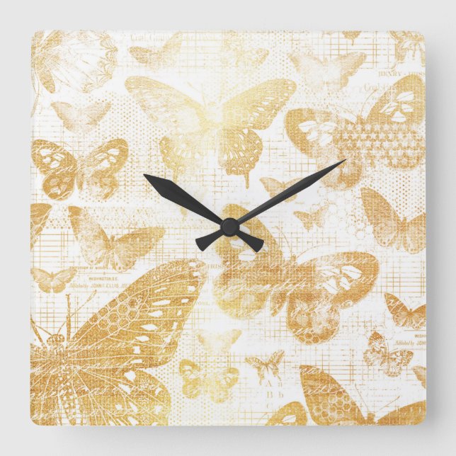 vacker vintage guld, fjärilar mönster, gold fyrkantig klocka (Framsida)