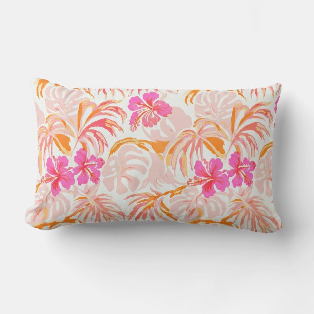 Vacker vintage mönster av rosa hawaiiansk hibiskus lumbarkudde (Framsida)