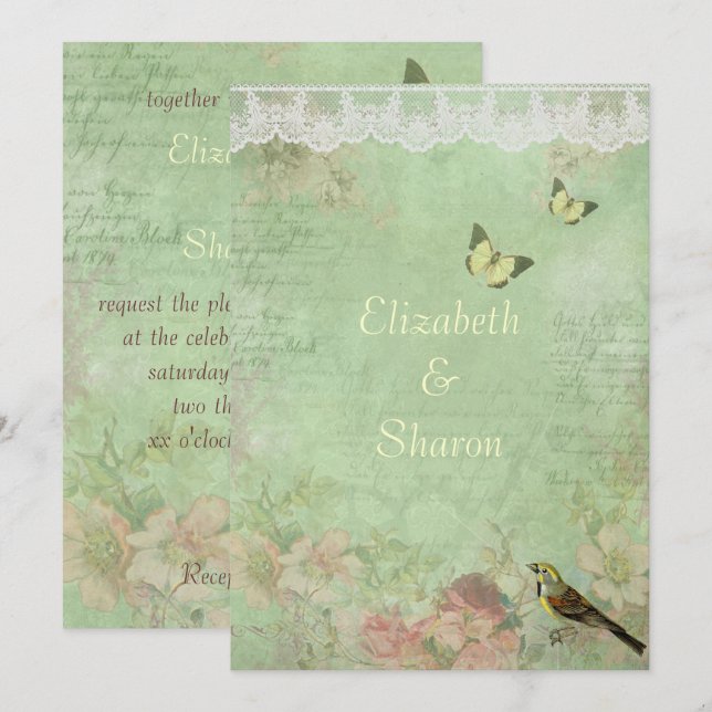 Vacker, Vintage Papper, bröllopsinbjudan Inbjudningar (Fram/baksida)