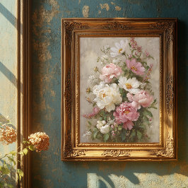 Vacker vintage rosa och vit peonbukettkonst poster