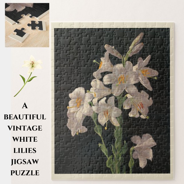 Vacker Vintage White Påsk Lilies Puzzle Pussel (A beautiful vintage white lily jigsaw puzzle, for fun at Easter or year-round.)