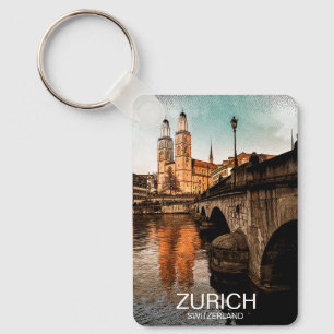 Vacker Vintage Zürich Schweiz Stadsvy Nyckelring