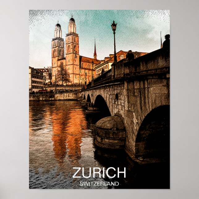 Vacker Vintage Zürich Schweiz Stadsvy Poster (Framsidan)