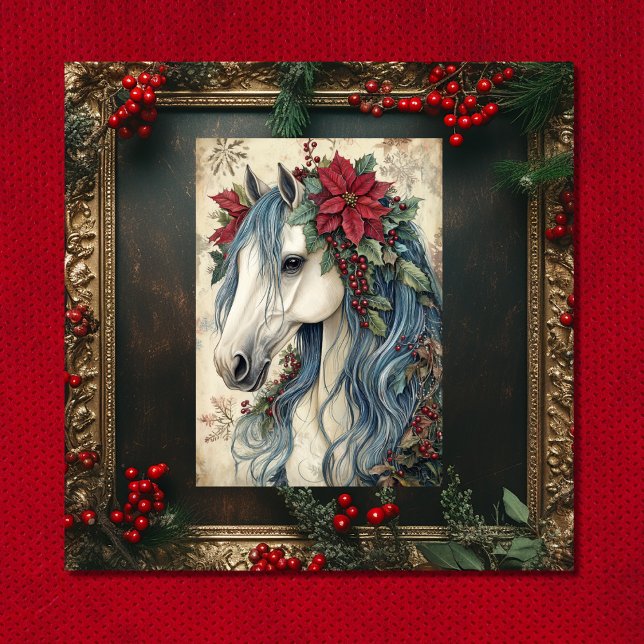 Vacker vintagehäst med ram juldekoration julkort (Front - Beautiful Vintage Horse with Frame Christmas Holiday Card)