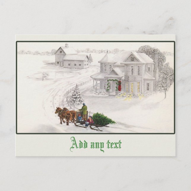 Vacker vintageillustration Snöig scen Vykort (Framsida)