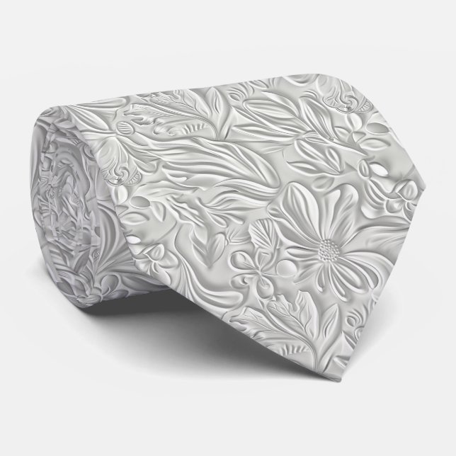 Vacker vit blommig mönster falsk läder  slips (Rullad)