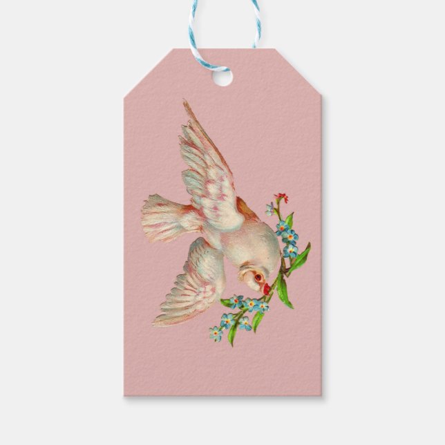 vacker vit duva med sprit i munnen presentetikett (Framsidan)