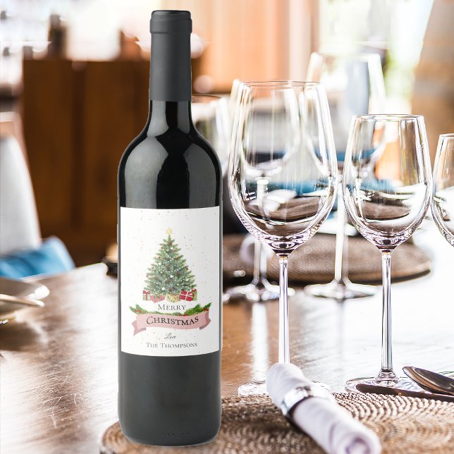 Vacker vit falsk rosa glitter God Jul Vinflaska Etikett (Pretty White Faux Pink Glitter Merry Christmas Wine Label)