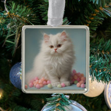 Vacker vit fluffy Cat Ornament