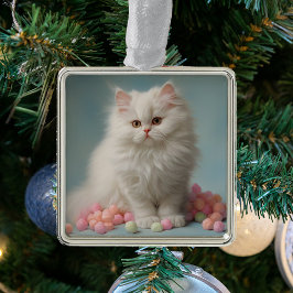Vacker vit fluffy Cat Ornament