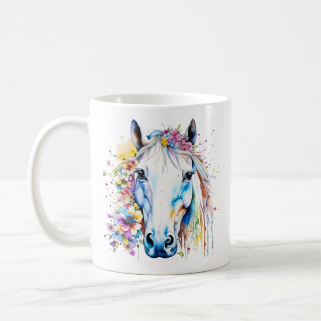Vacker vit häst Blommig Personlig  Kaffemugg (Vänster)