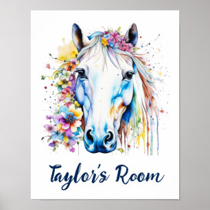 Vacker vit häst Blommig Personlig Poster