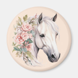 Vacker Vit Häst Rosa Blommor Elegant Whimsisk Magnet