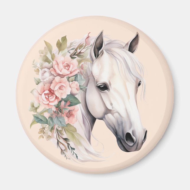 Vacker Vit Häst Rosa Blommor Elegant Whimsisk Magnet (Framsidan)